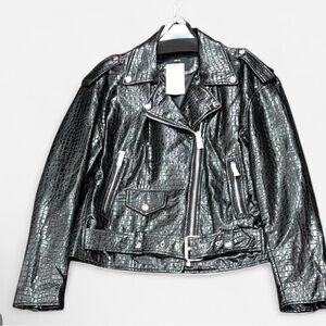 Mango Black Croc-Textured Leather Jacket